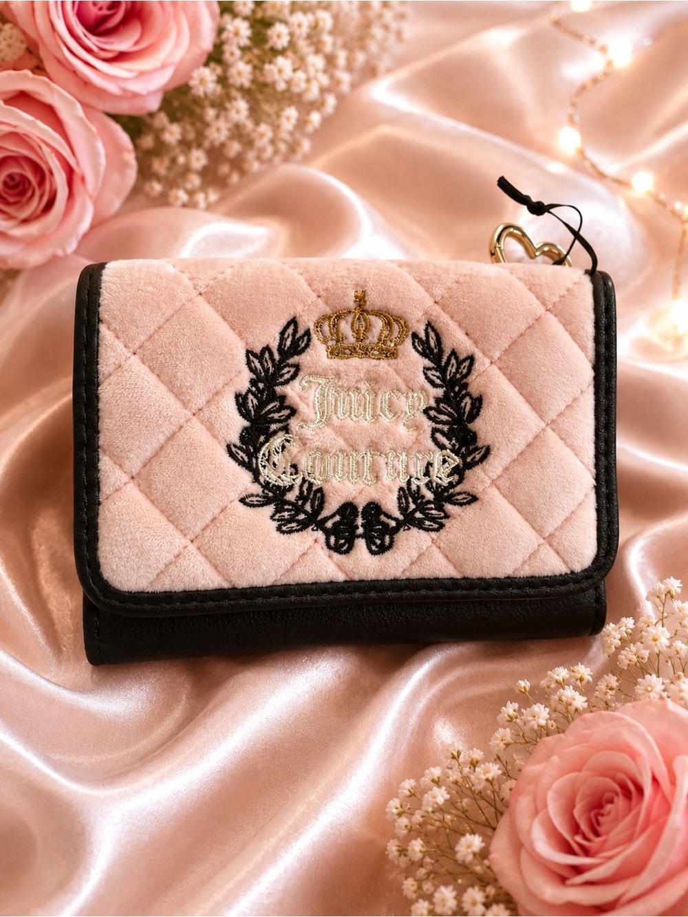 Juicy Couture Blush Quilted Wallet with Black Trim & Gold Crest